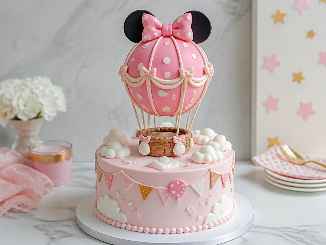 Whimsical pink Minnie Mouse hot air balloon cake with piped clouds and pastel bunting