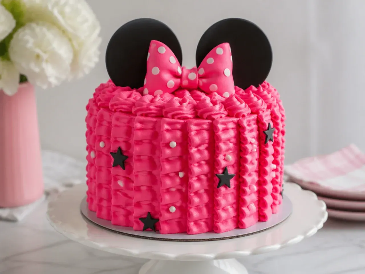 Bold hot pink Minnie Mouse ruffle cake with vertical piped buttercream ruffles