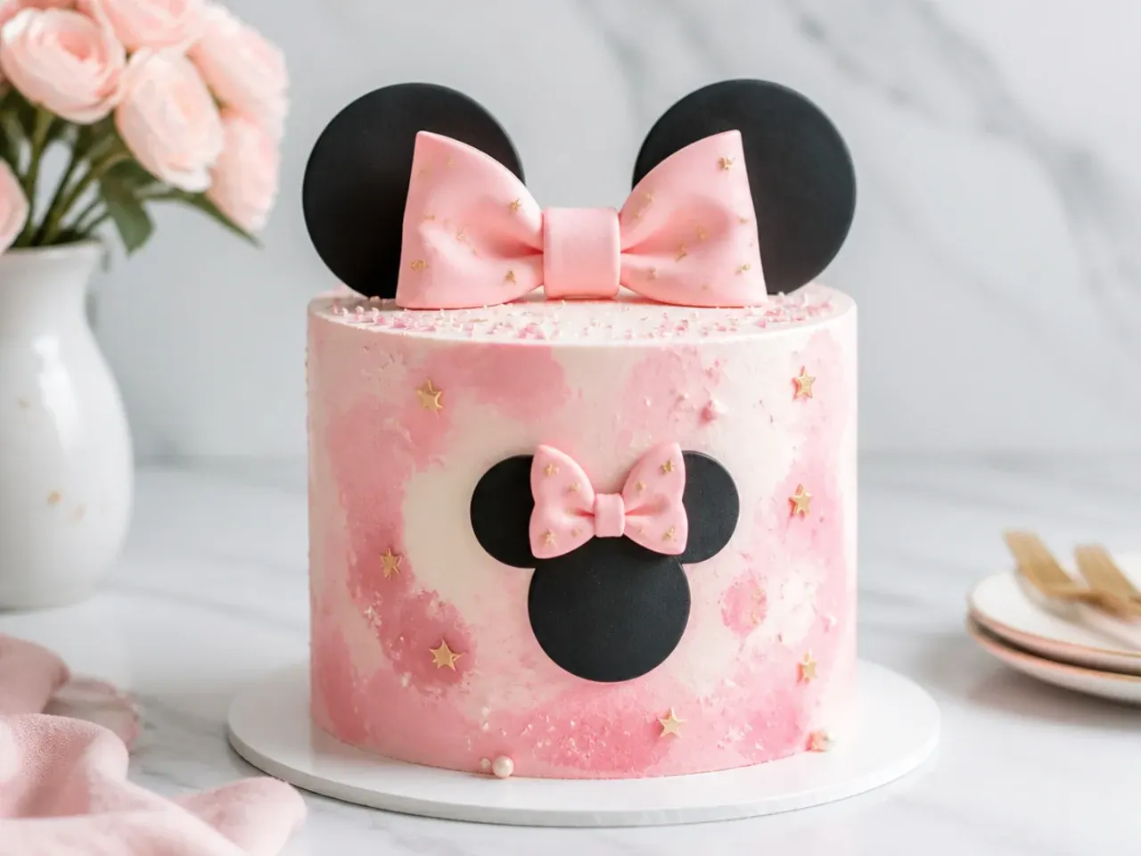 Delicate watercolour pink Minnie Mouse cake with blended blush buttercream shades