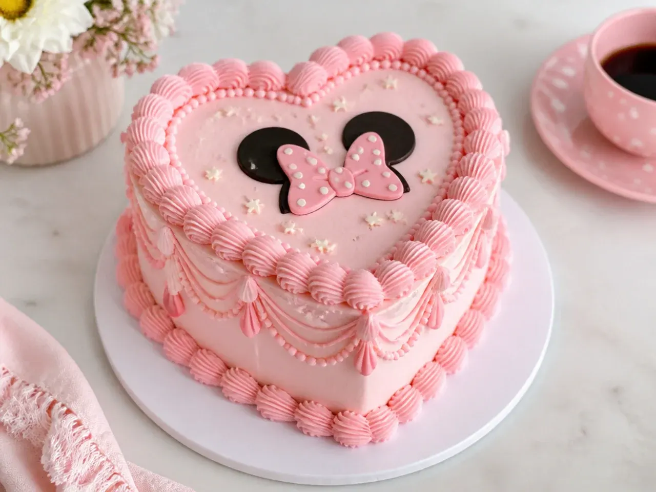 Vintage Lambeth-style pink Minnie Mouse heart cake with piped shells and drop strings