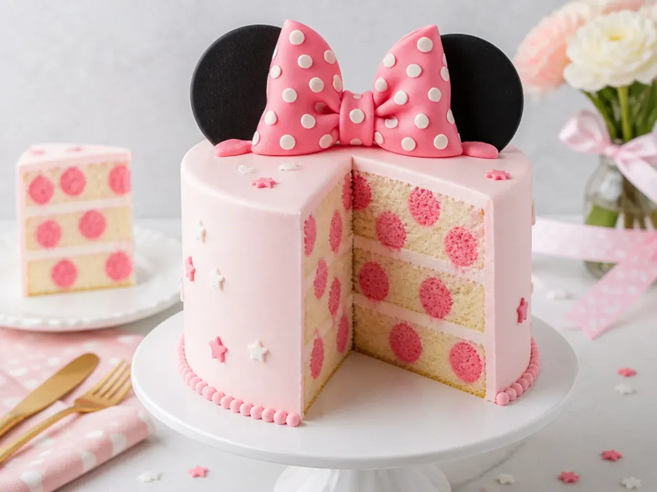 Surprise-inside pink Minnie Mouse cake sliced to reveal hidden pink polka dots in the sponge