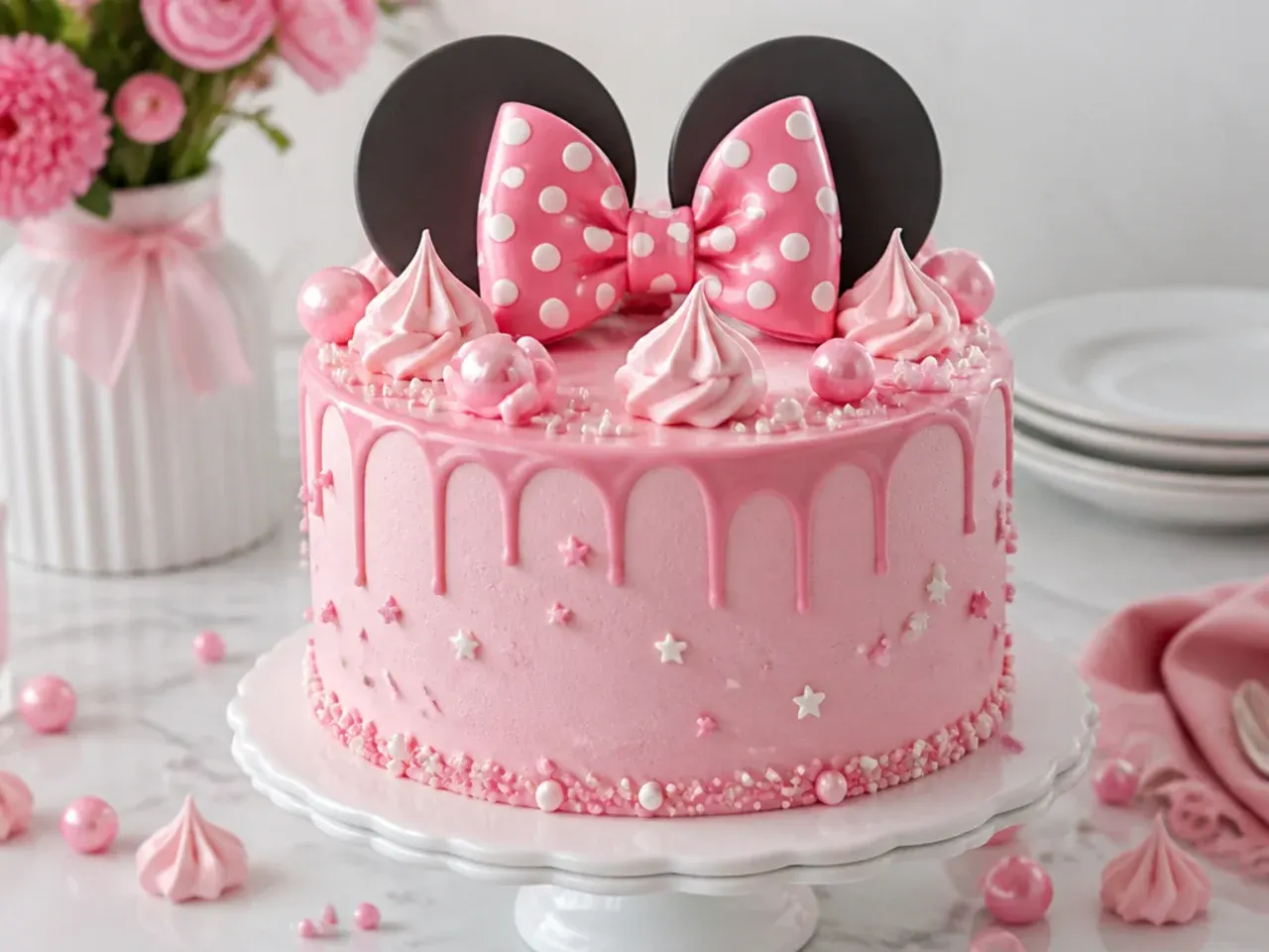 Charming pink Minnie Mouse cake decorated with pink meringue kisses and sugar pearls