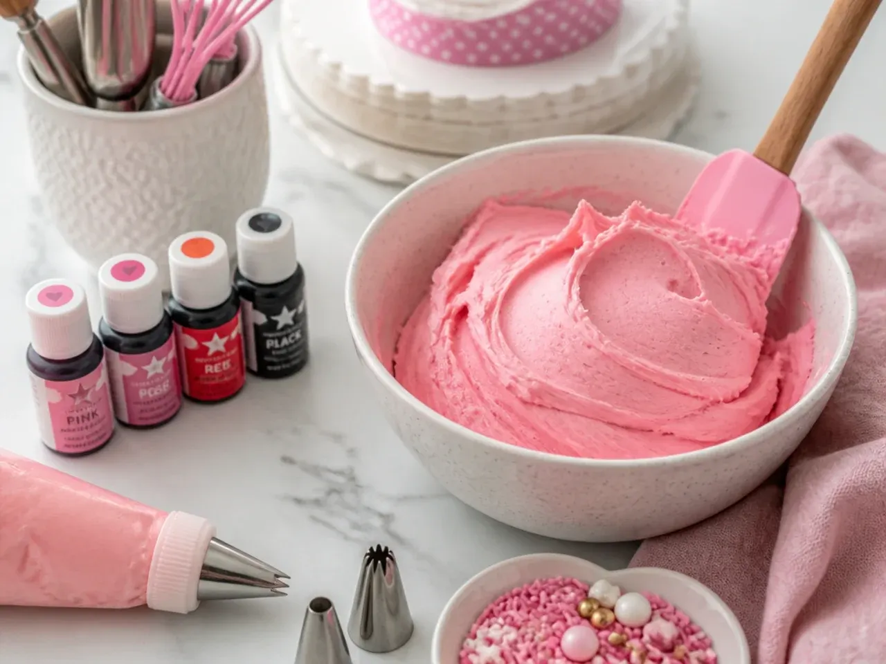 Baking tools, gel colours and pink buttercream ready for decorating a Minnie Mouse cake