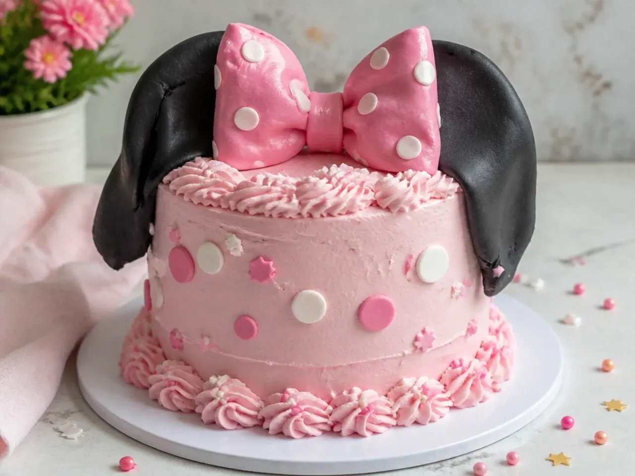 Pink Minnie Mouse cake decorating mistakes illustrated with drooping fondant ears and buttercream