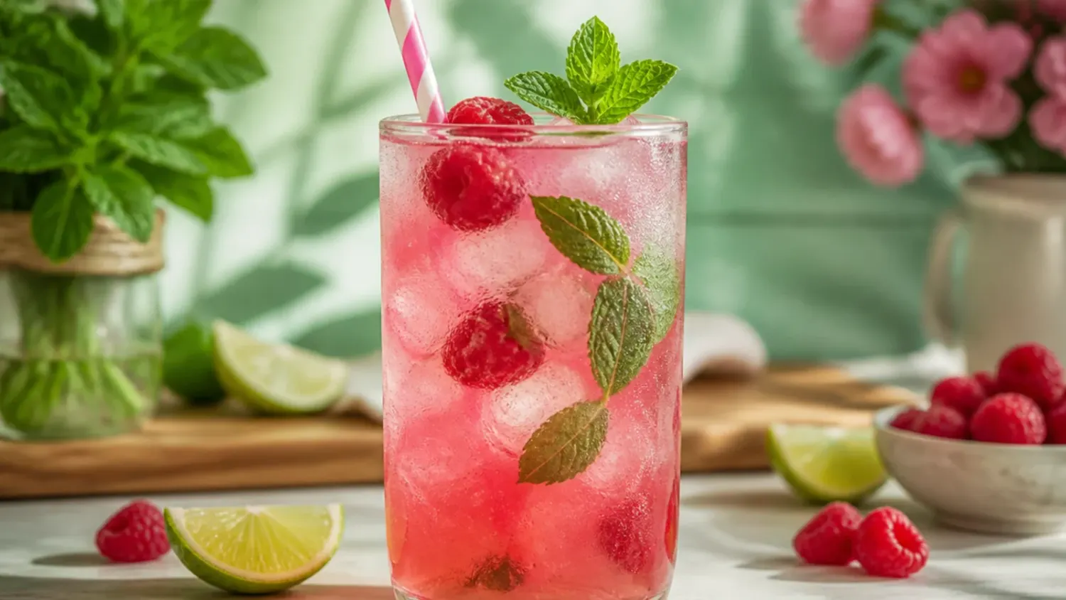 A row of bright pink non-alcoholic drinks in tall glasses garnished with strawberries and mint on a marble counter