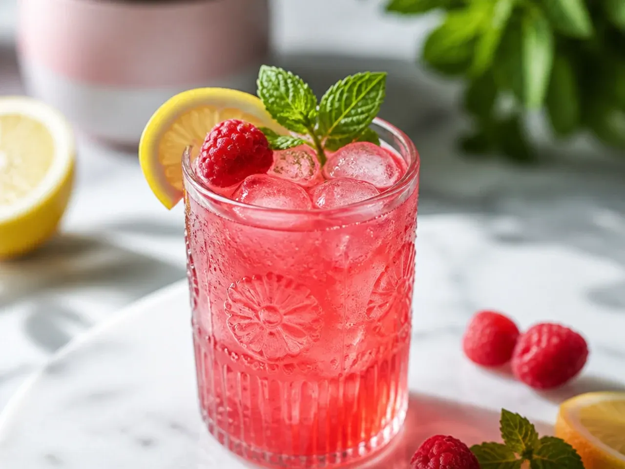 Overhead shot of several pink non-alcoholic drinks arranged on a wooden tray