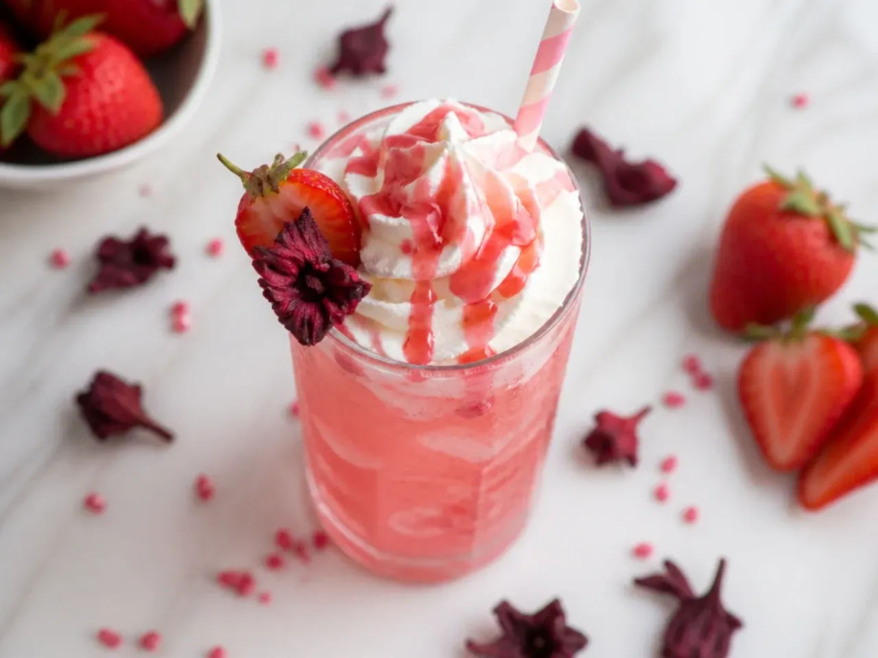 Tall glass of iced strawberry hibiscus pink lemonade with a lemon wheel garnish