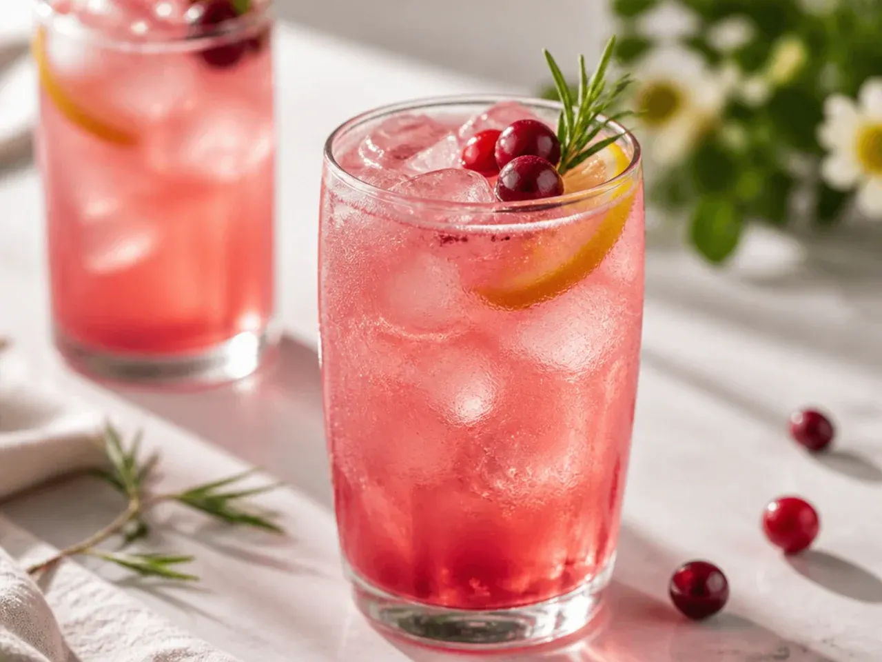 Pitcher of classic cranberry pink lemonade with ice and lemon slices