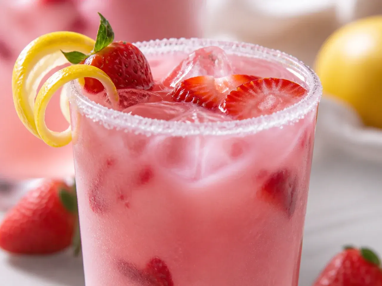 Copycat Starbucks pink drink with coconut milk floating on top and strawberry garnish