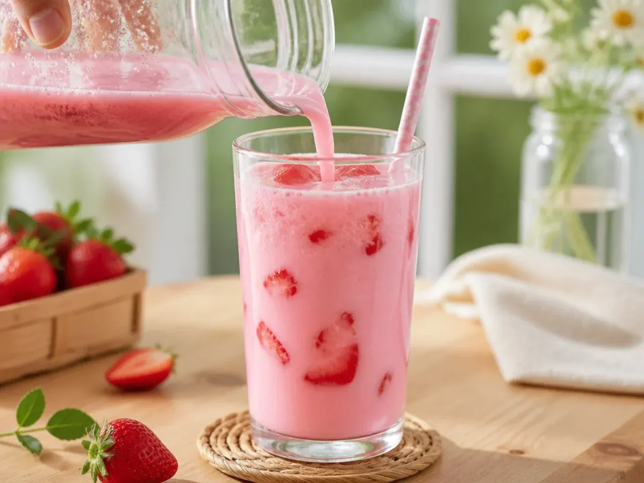 Glass of creamy pink strawberry milk drink with a striped straw