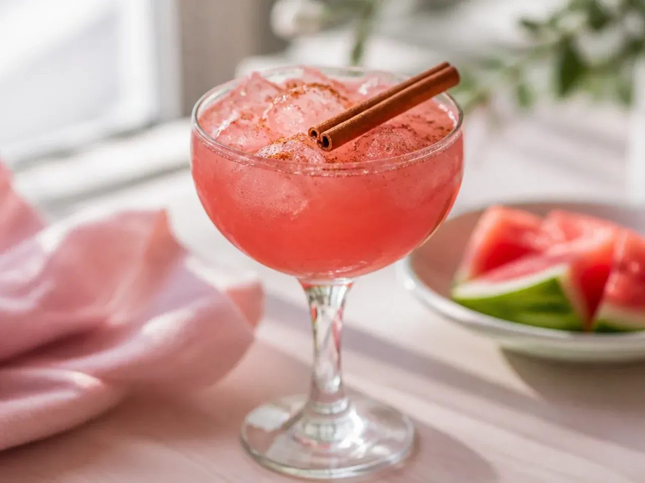 Refreshing watermelon pink cooler in a glass with a watermelon wedge garnish