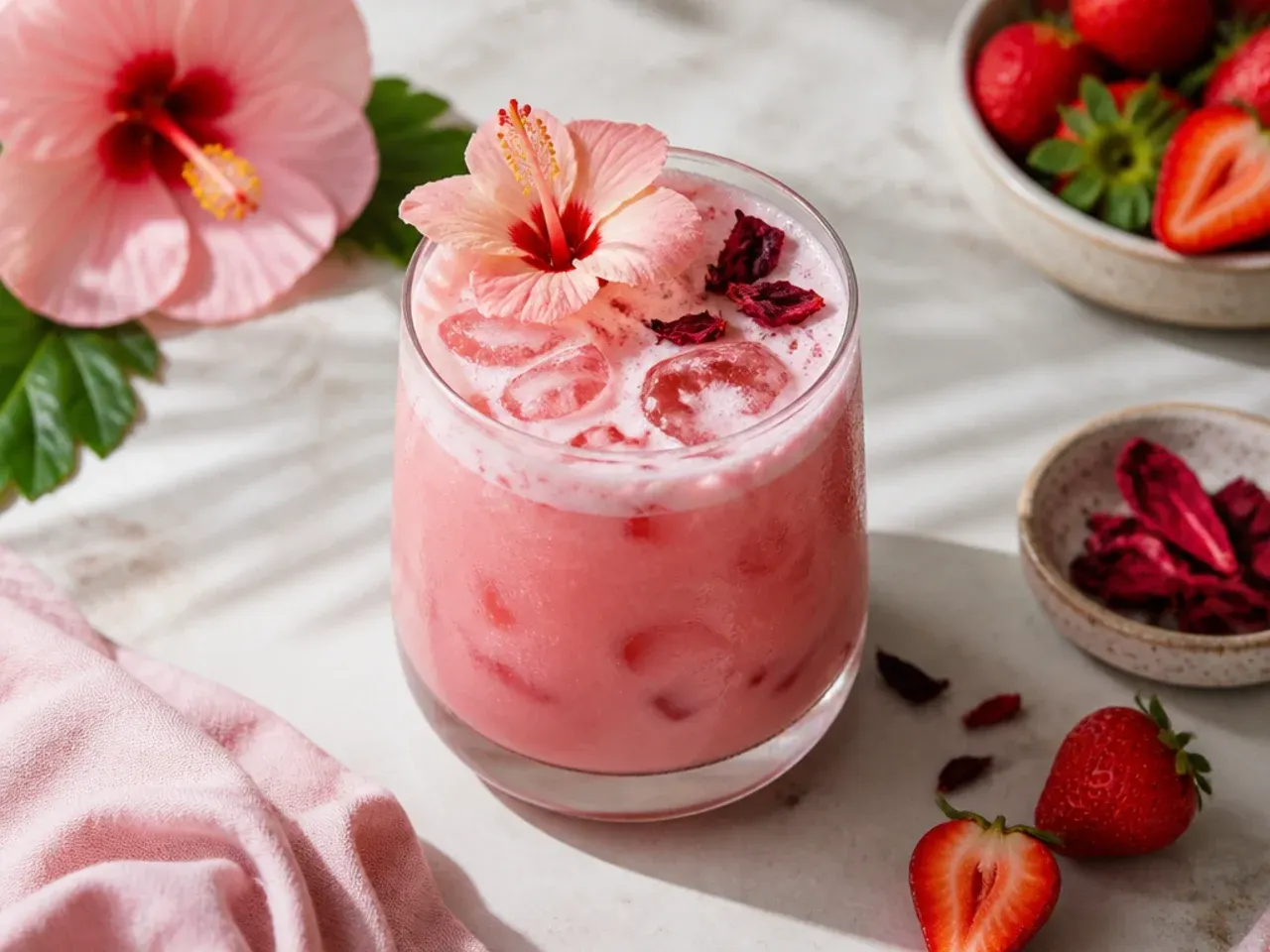 Warm cozy hibiscus pink tea latte in a mug with a dusting of cinnamon