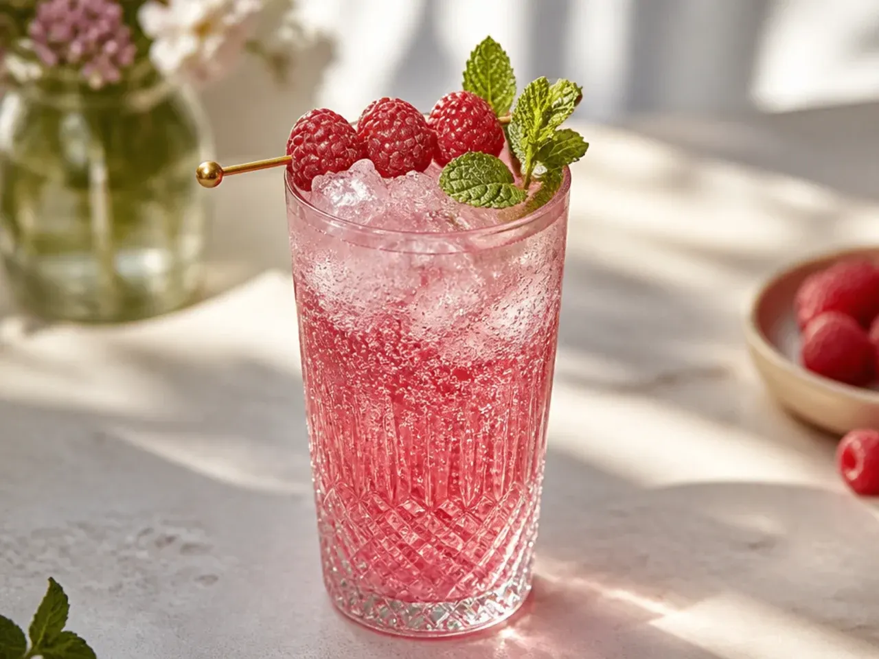 Fizzy pink raspberry soda drink with raspberries floating on top