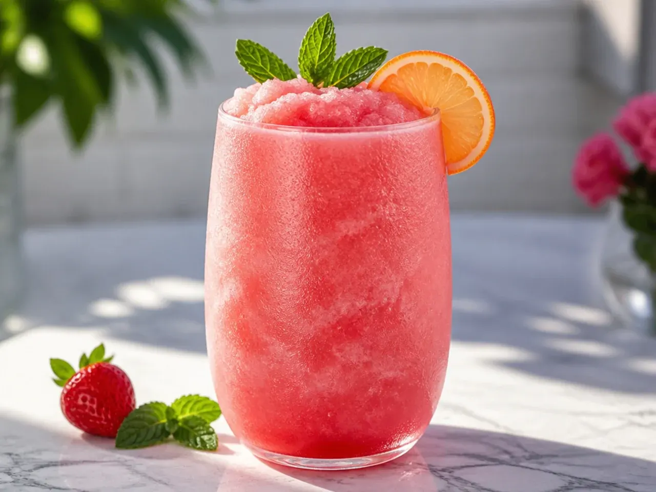 Frozen strawberry pink slush in a cup with a straw and grenadine swirl
