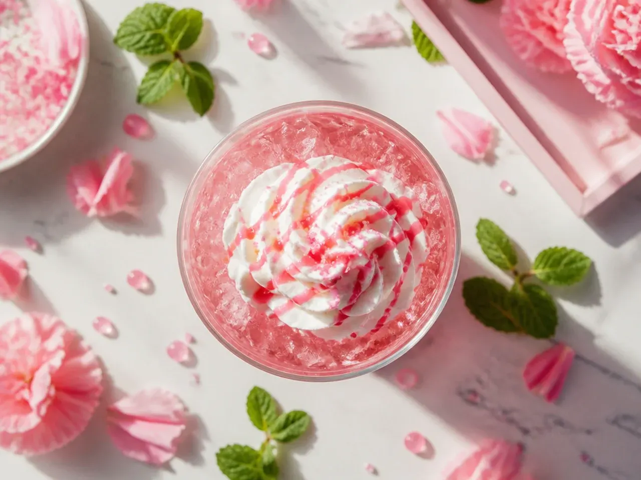 Simple three ingredient pink soda drink with a maraschino cherry garnish