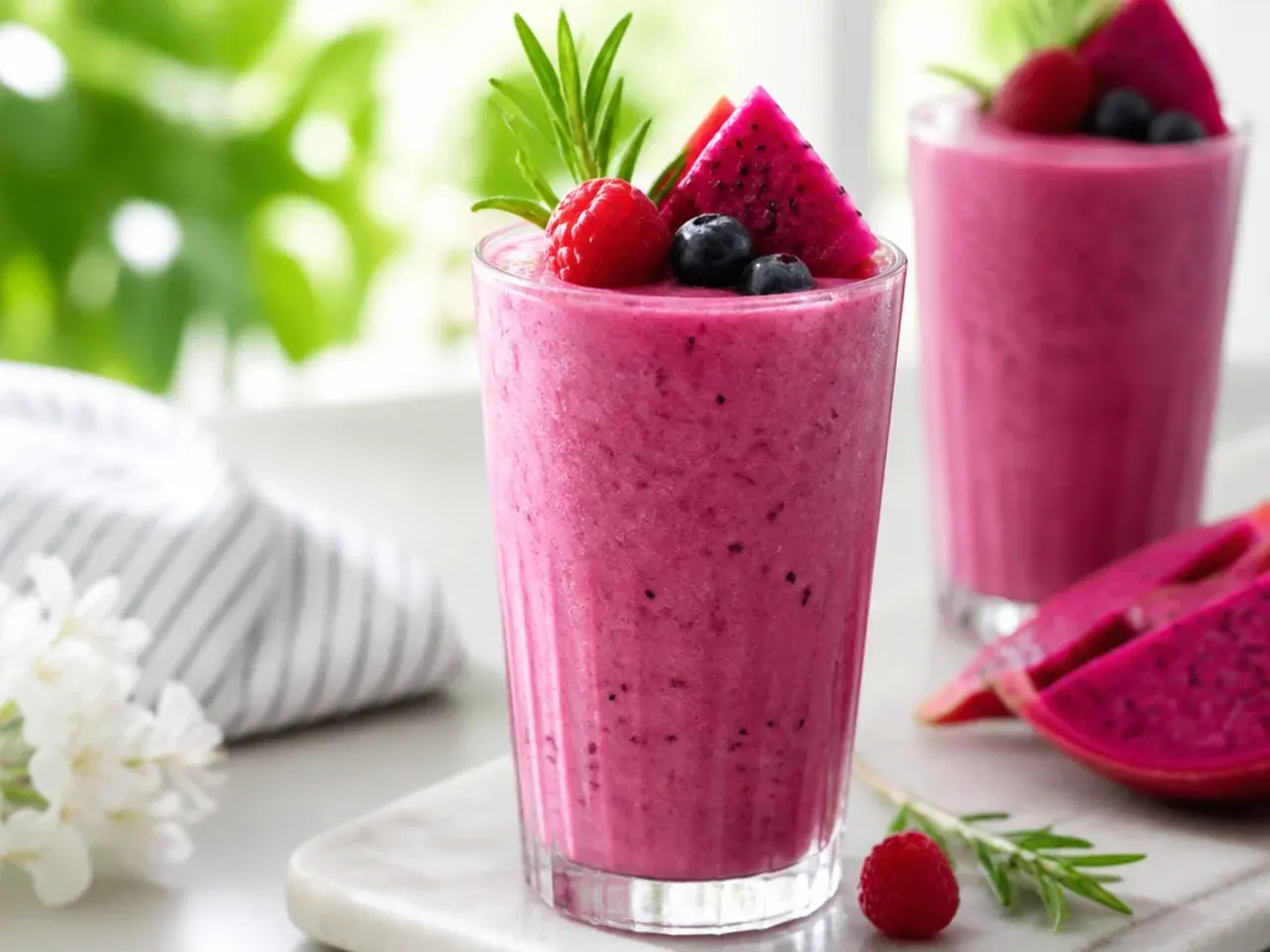 Blended pink dragon fruit smoothie topped with chia seeds and coconut flakes