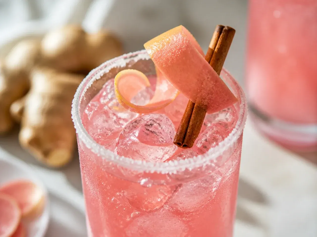 Spiced pink ginger mocktail garnished with fresh ginger slices and rosemary