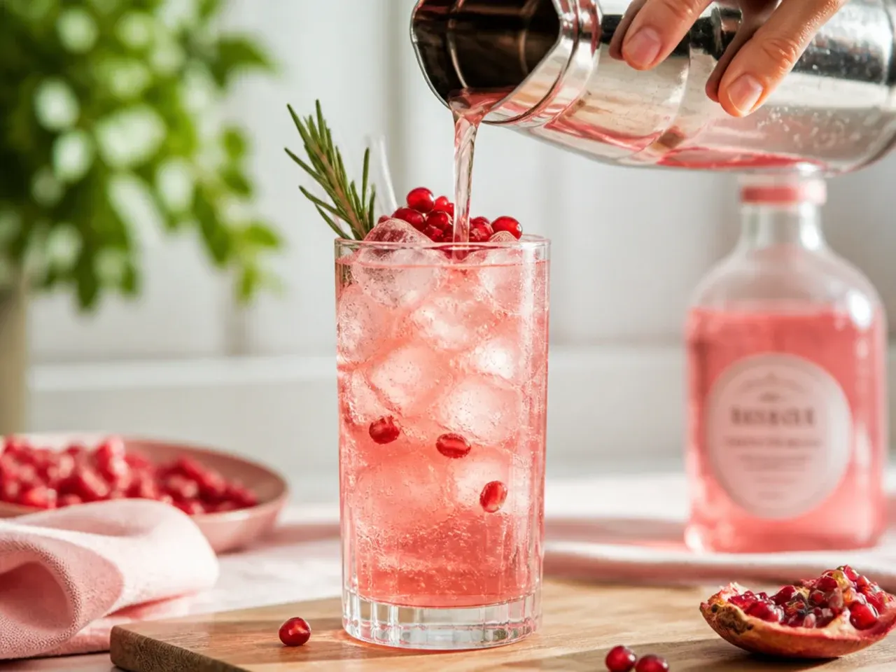 Large punch bowl of festive pink sparkling punch with floating fruit