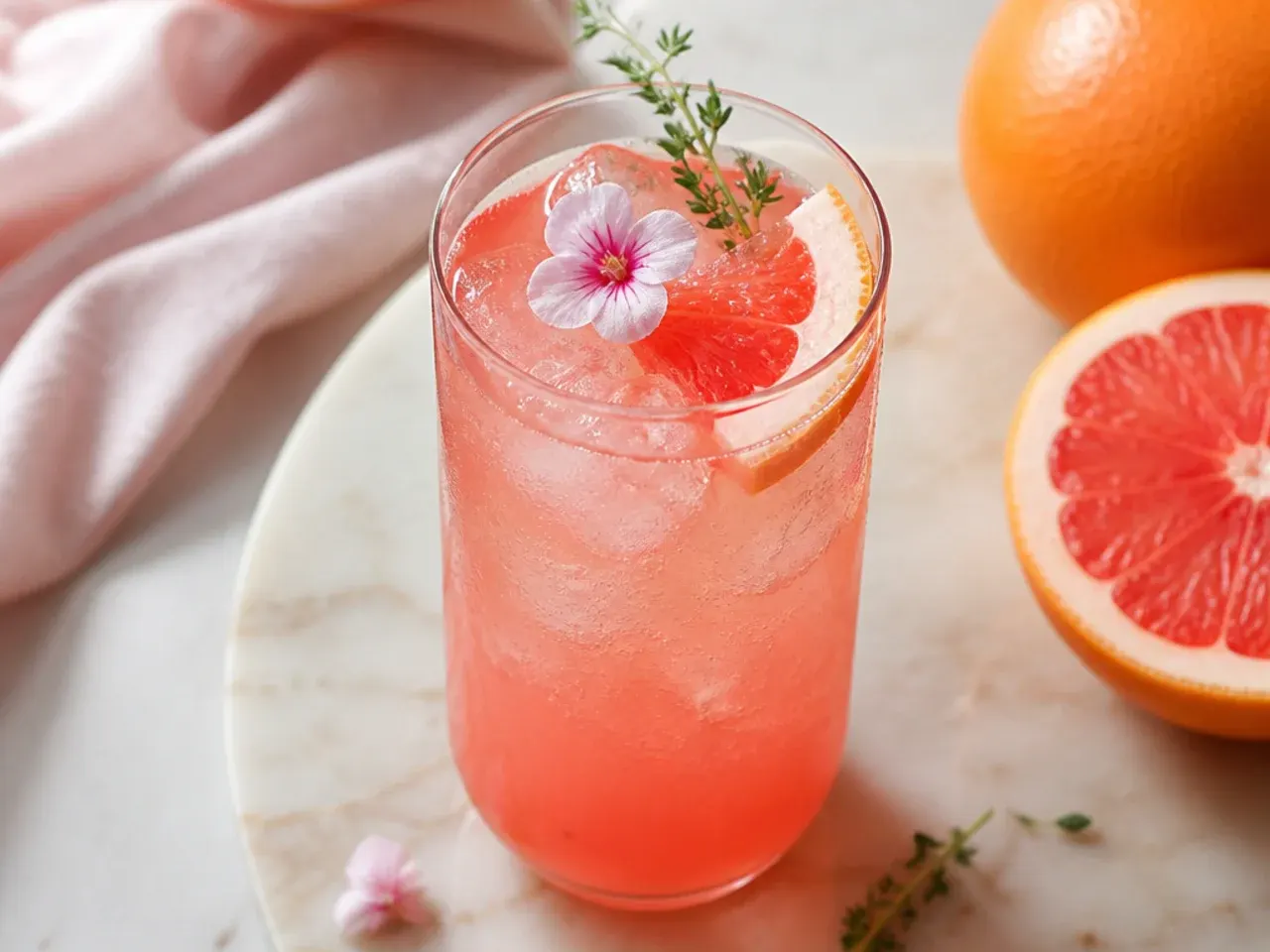Bold pink grapefruit cooler in a rimmed glass with grapefruit slice garnish