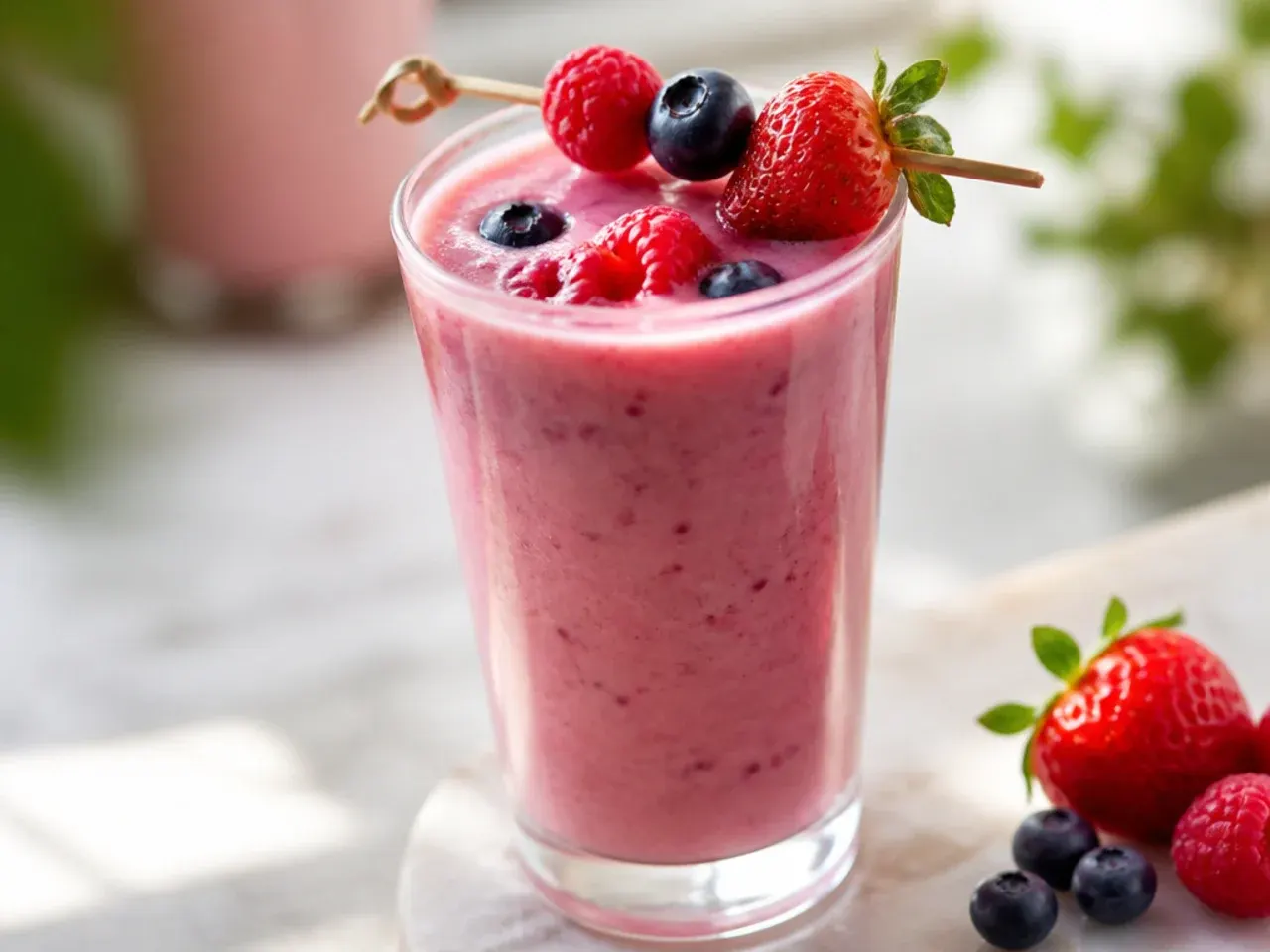 Smooth pink berry yogurt smoothie in a glass with a straw and fresh berries on top