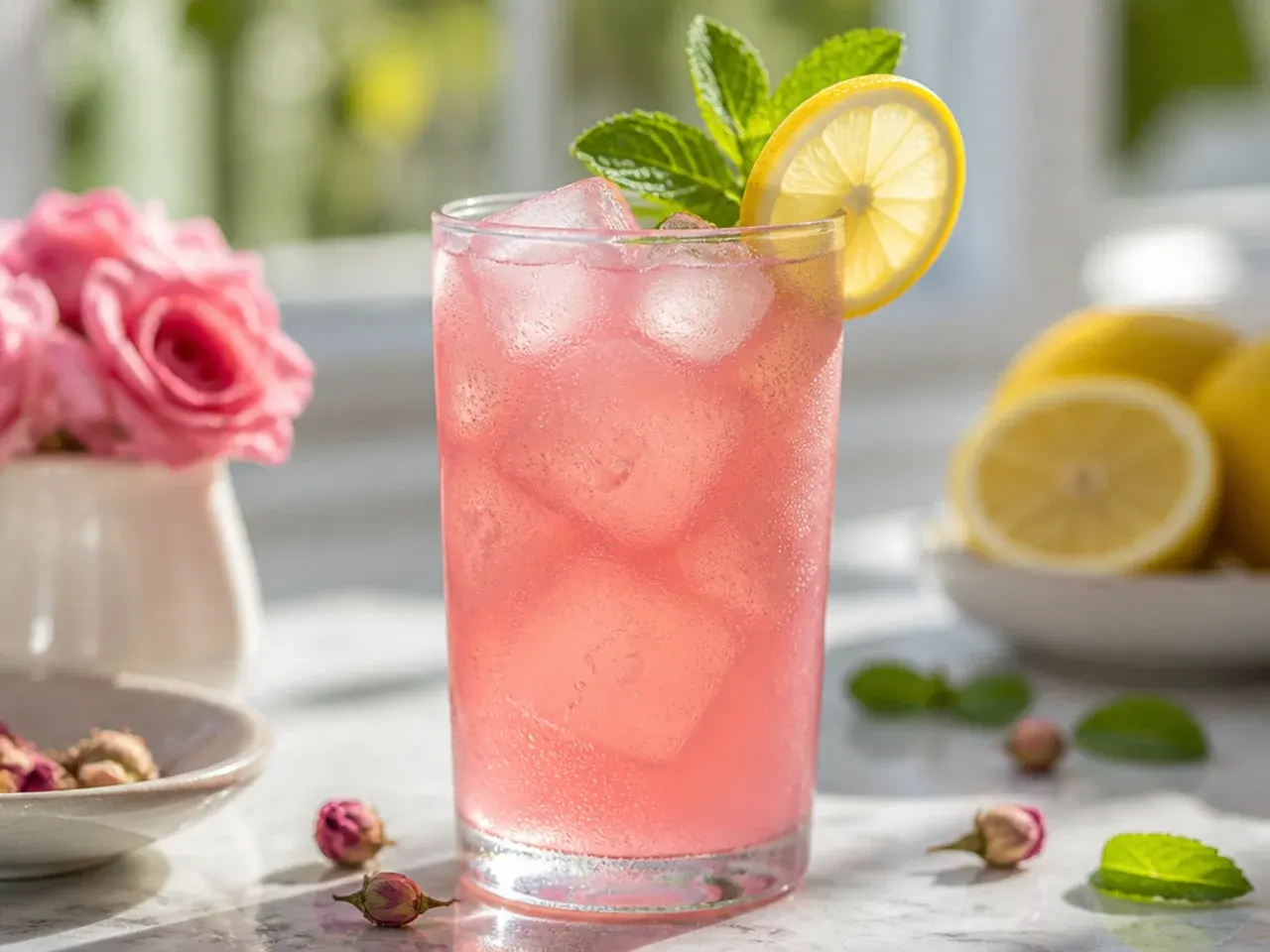 Iced pink rose lemonade garnished with dried rose petals