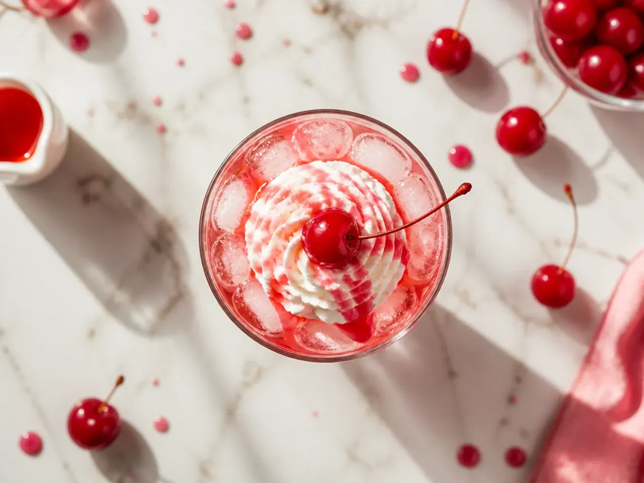 Classic Shirley Temple mocktail with grenadine gradient and cherry garnish