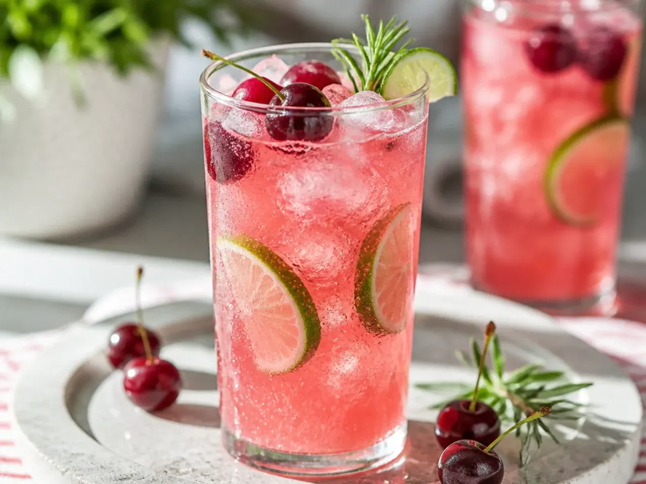 Copycat pink cherry limeade drink over crushed ice with lime wedge