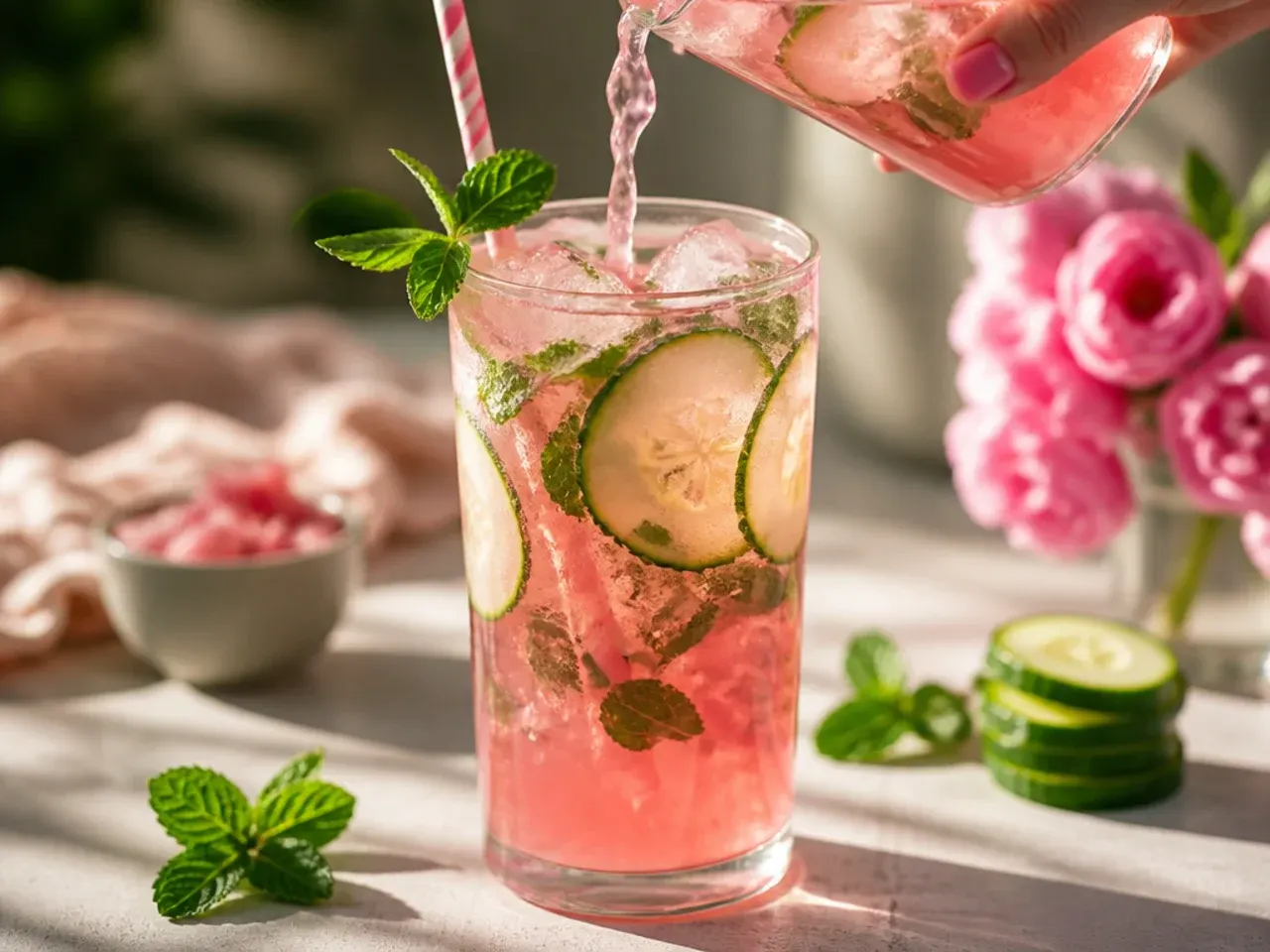 Refreshing pink cucumber mint cooler garnished with a cucumber ribbon and mint sprig