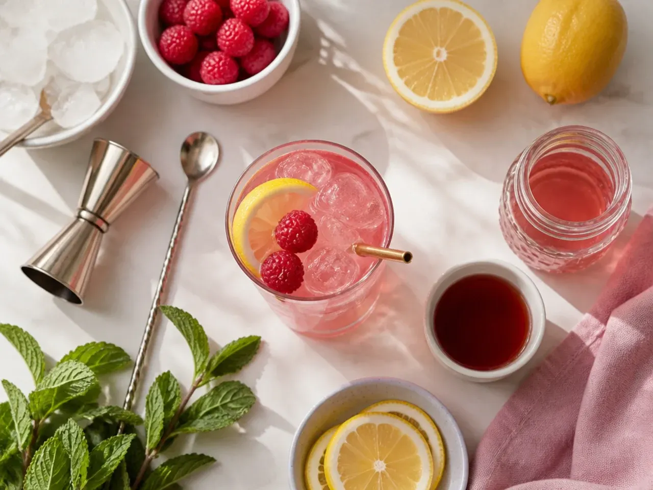 Close-up of hands preparing pink drinks with hibiscus tea and fresh fruit on the counter