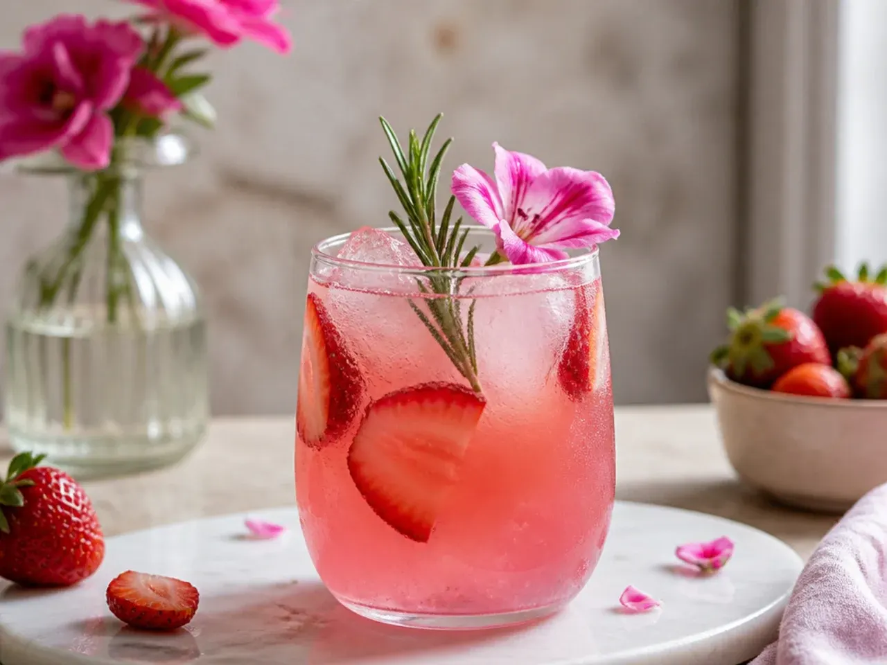 Pink drinks served with sugar-rimmed glasses, mint sprigs and berry garnishes