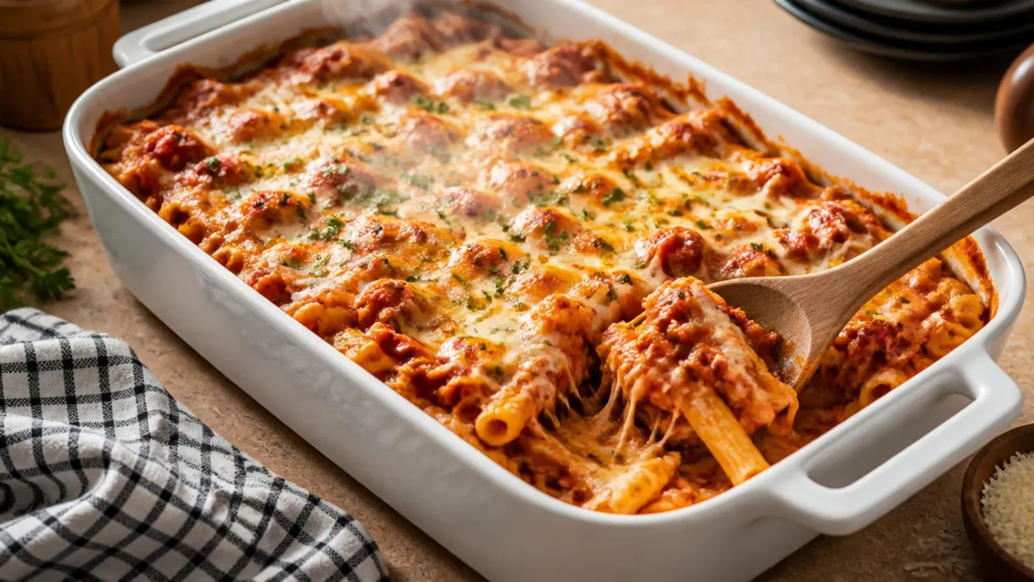 Bubbling pioneer woman baked ziti in a white casserole dish with golden melted mozzarella and a spoon lifting out a cheesy portion