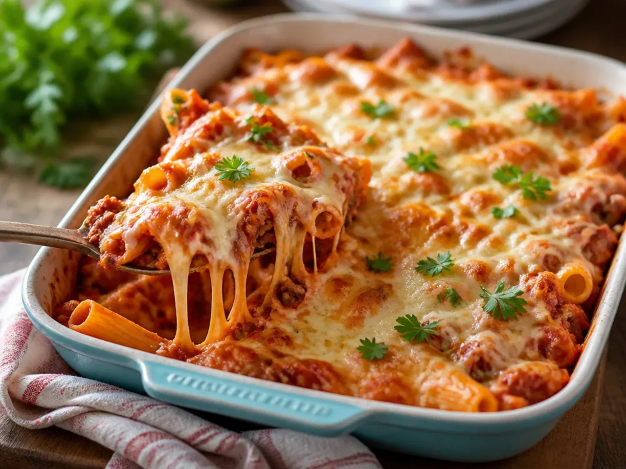 Overhead shot of a golden, bubbling baked ziti fresh from the oven surrounded by fresh basil and grated Parmesan