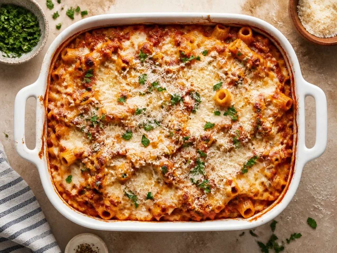 Slice of classic pioneer woman baked ziti on a plate showing layers of beef, sausage, ricotta, and melted mozzarella