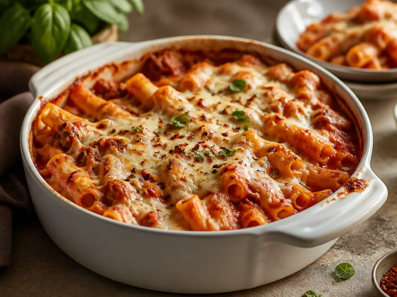 Hands pouring jarred marinara sauce over browned beef in a skillet for an easy baked ziti shortcut