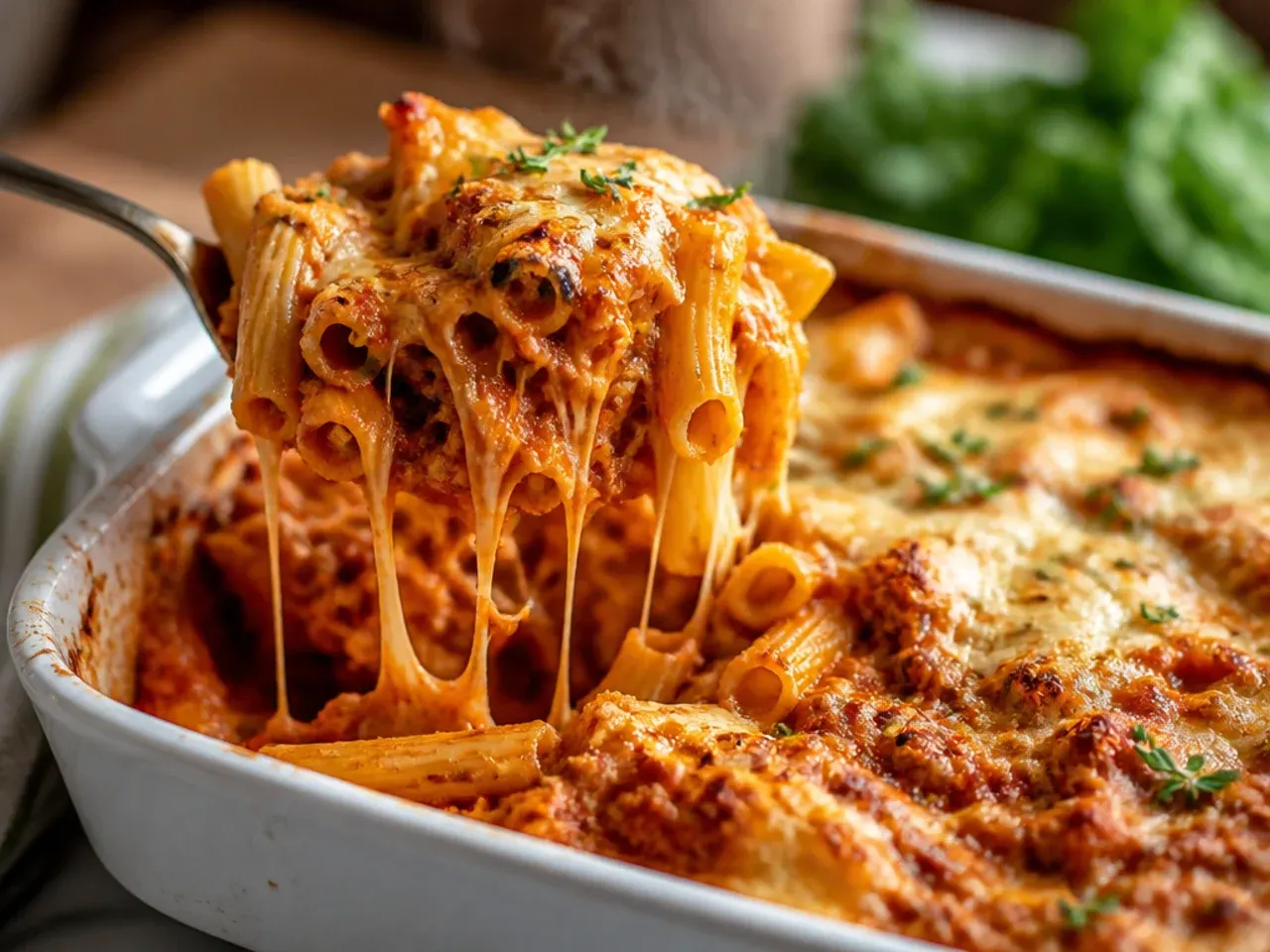 Extra-meaty baked ziti in a deep dish showing a thick layer of beef and sausage sauce