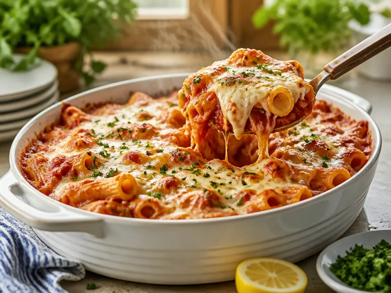 Close-up of soft, custardy baked ziti with a spoon scooping out a creamy, cheese-laden portion