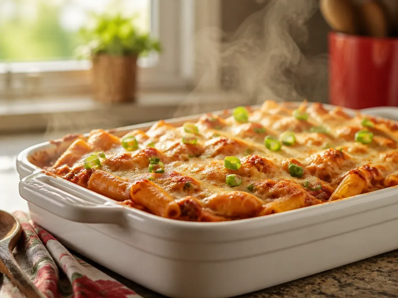 Fork pulling up a cheesy, creamy strand of baked ziti from the casserole dish
