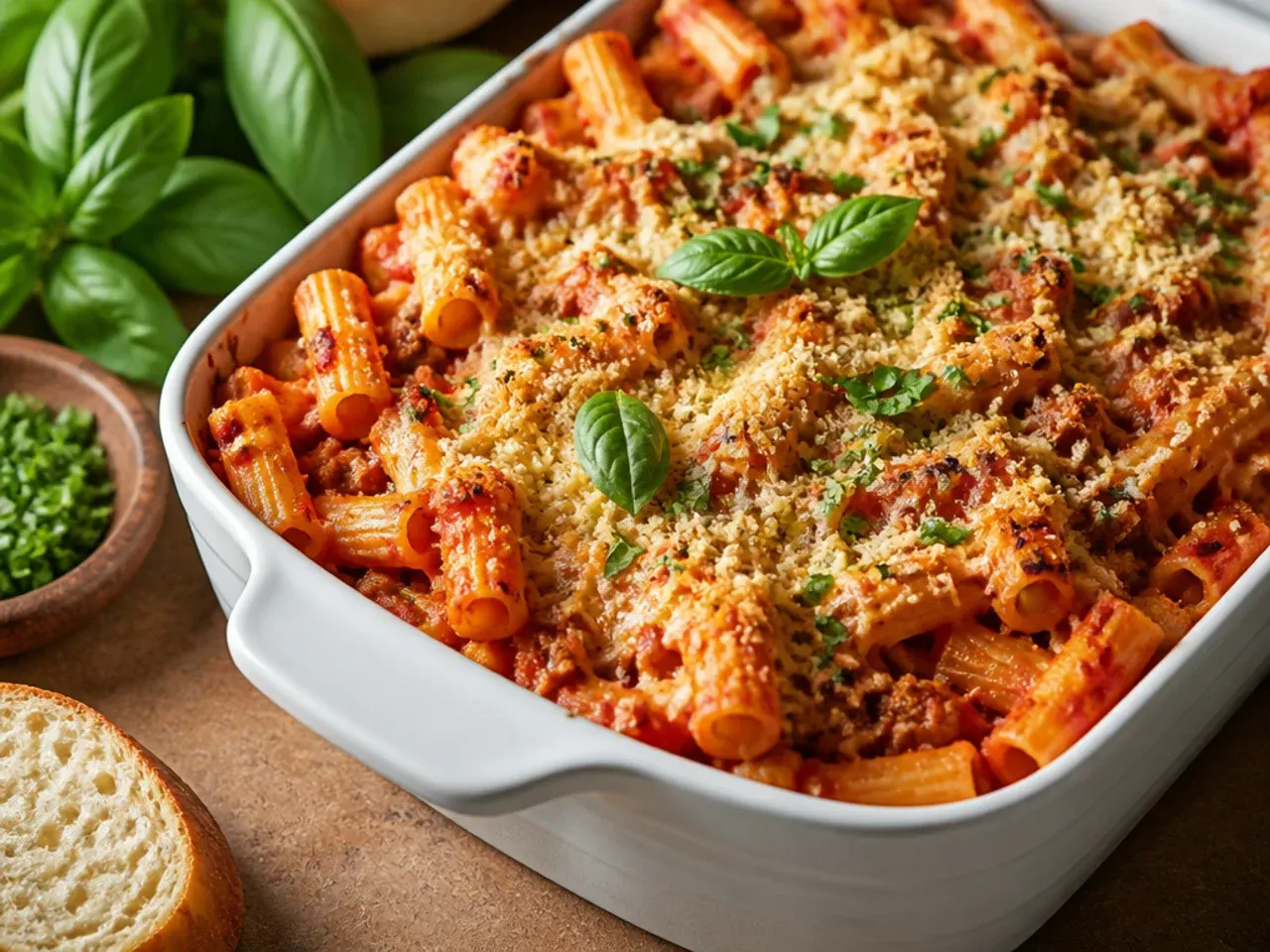 Simple two-cheese baked ziti with a minimal ingredient list laid out beside the dish