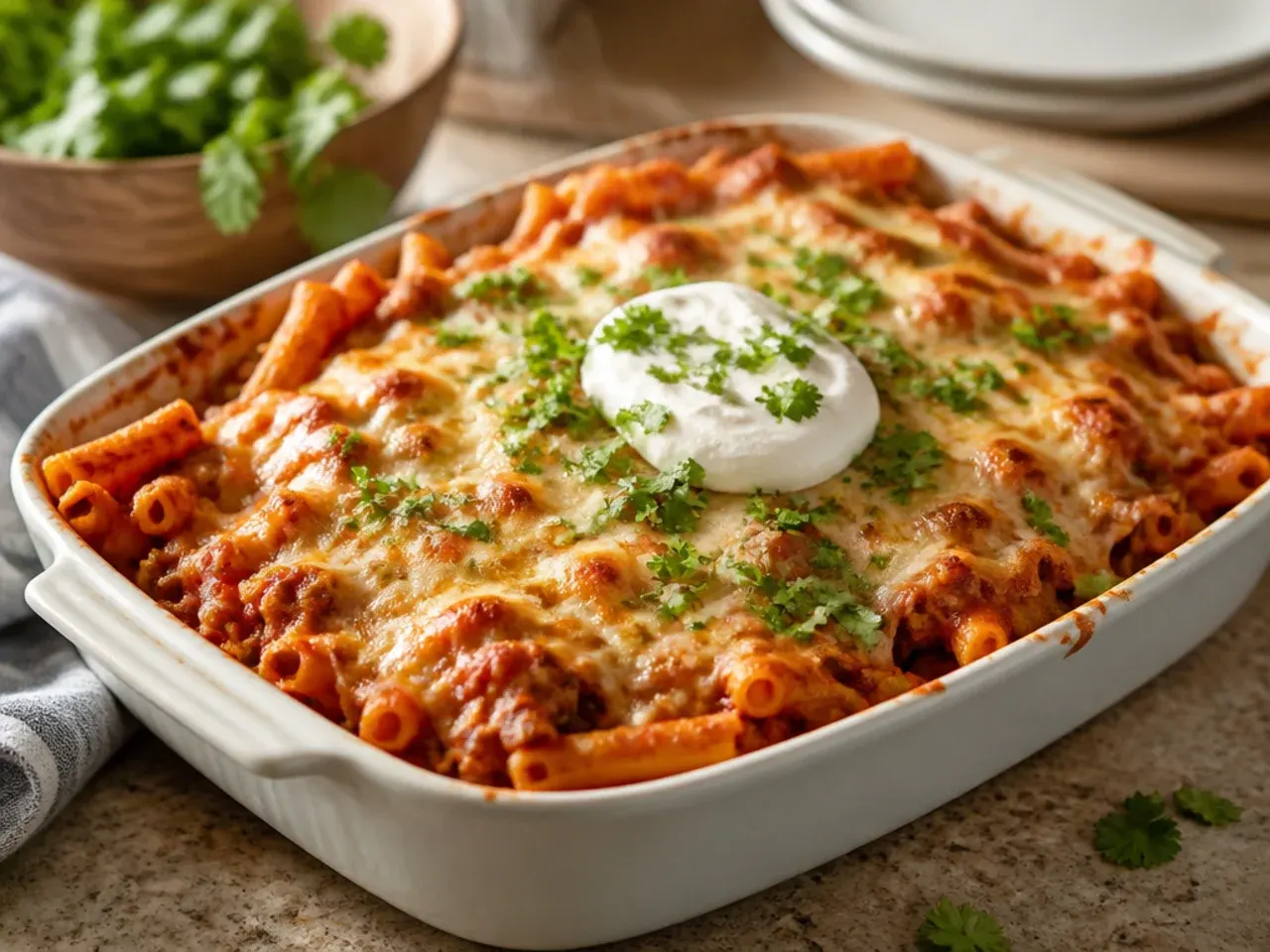 Overhead shot of extra-cheesy baked ziti with four melted cheeses and blistered golden spots on top