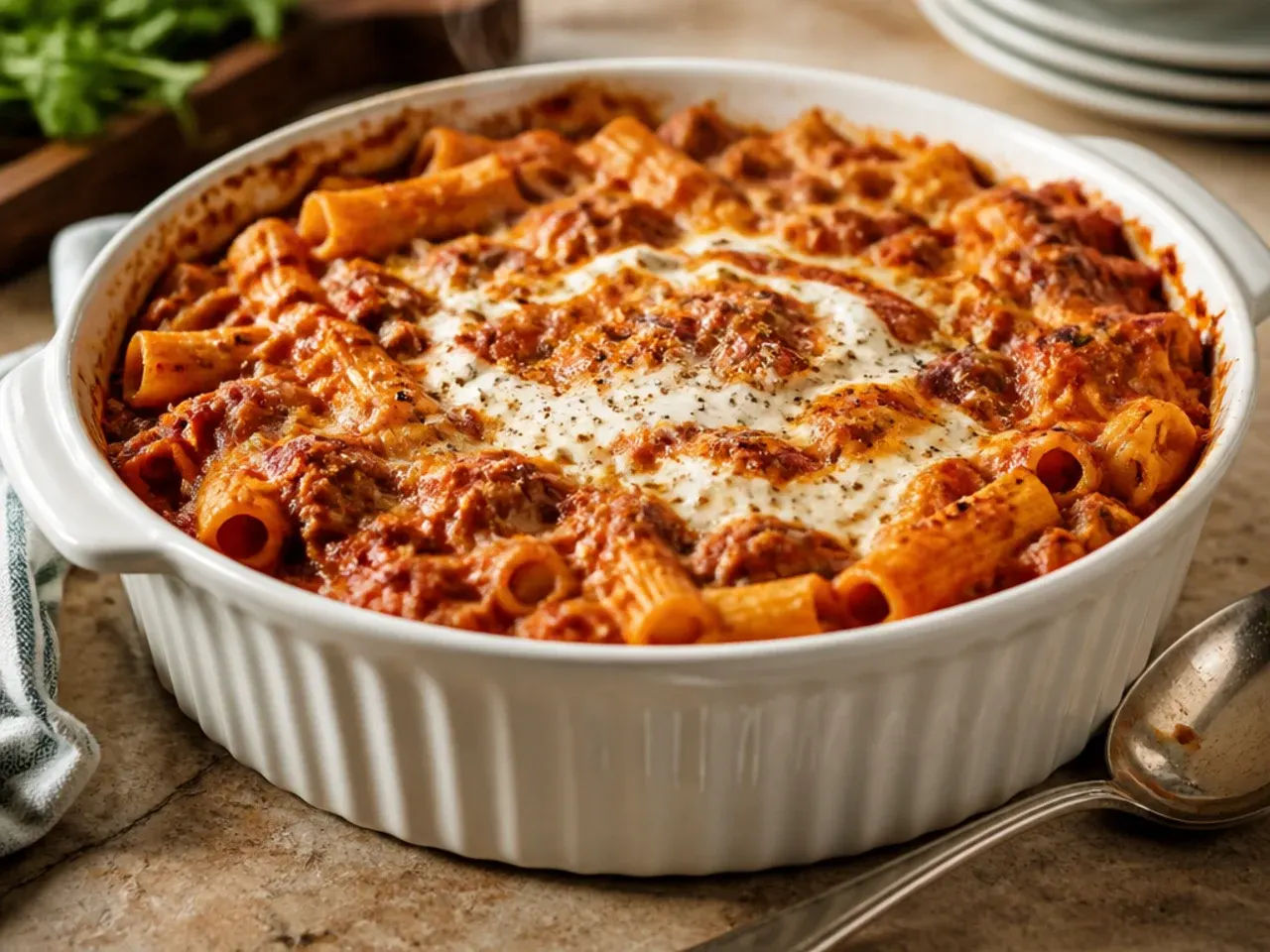 Individual ramekins of baked ziti with golden breadcrumb topping on a wooden board