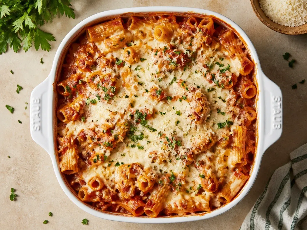 Budget-friendly baked ziti made with cottage cheese and a single tin of crushed tomatoes