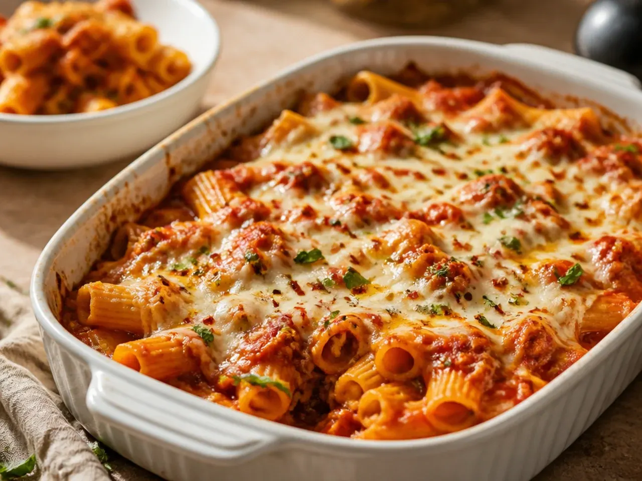 Quick weeknight baked ziti assembled and ready to go into the oven on a kitchen counter