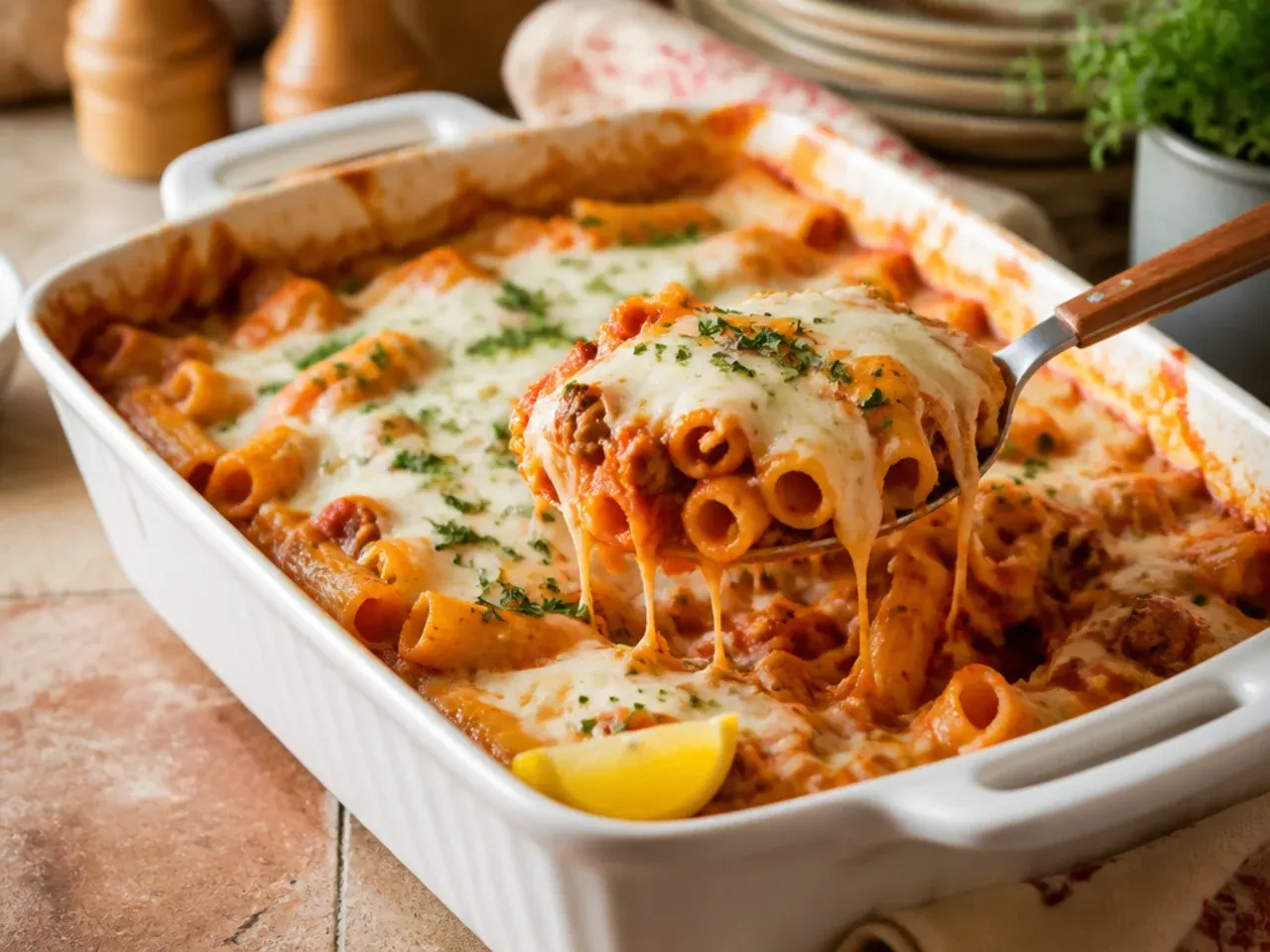 Loaded baked ziti topped with crispy pepperoni, mushrooms, and bell peppers
