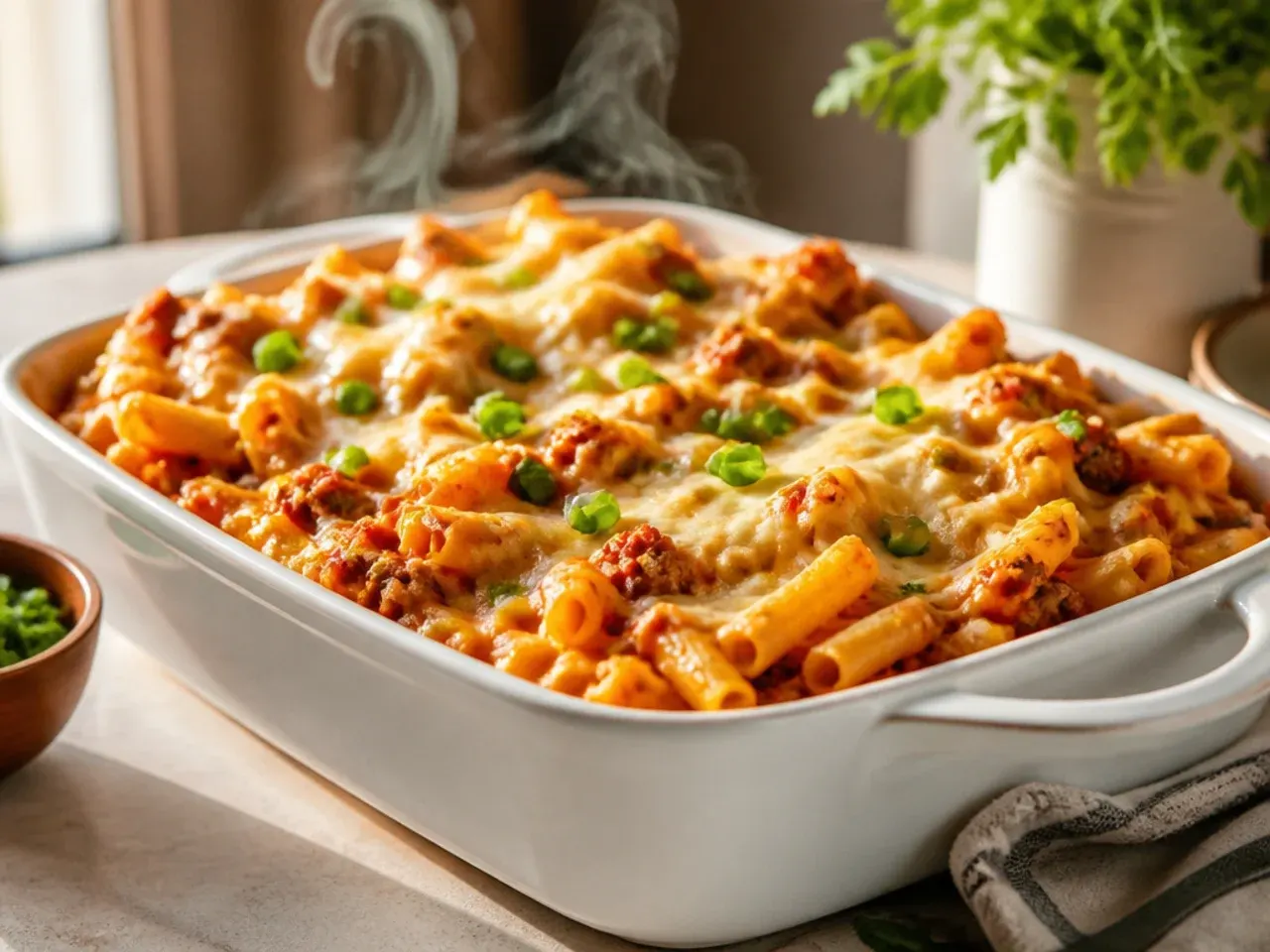 Two baking dishes of family-size baked ziti, one ready to eat and one wrapped for the freezer