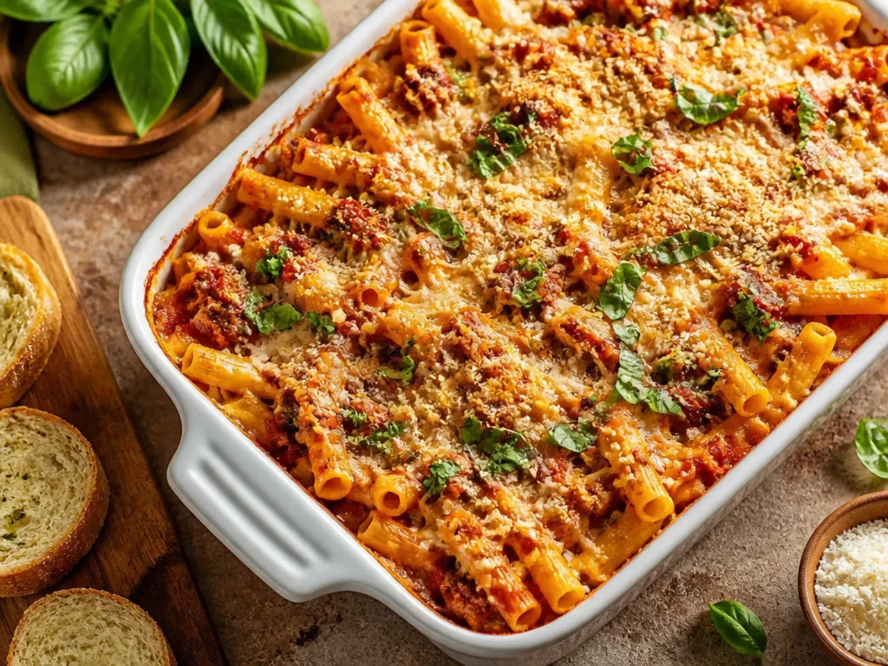 Perfectly golden, deeply baked ziti with a thick bubbling cheese crust, sliced to show clean layers