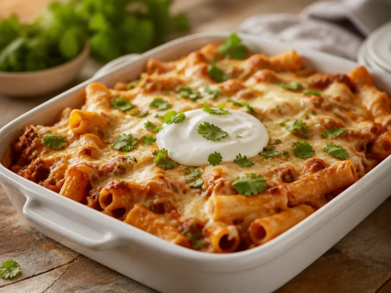 One-pot baked ziti cooked and topped with cheese directly in a deep oven-proof skillet