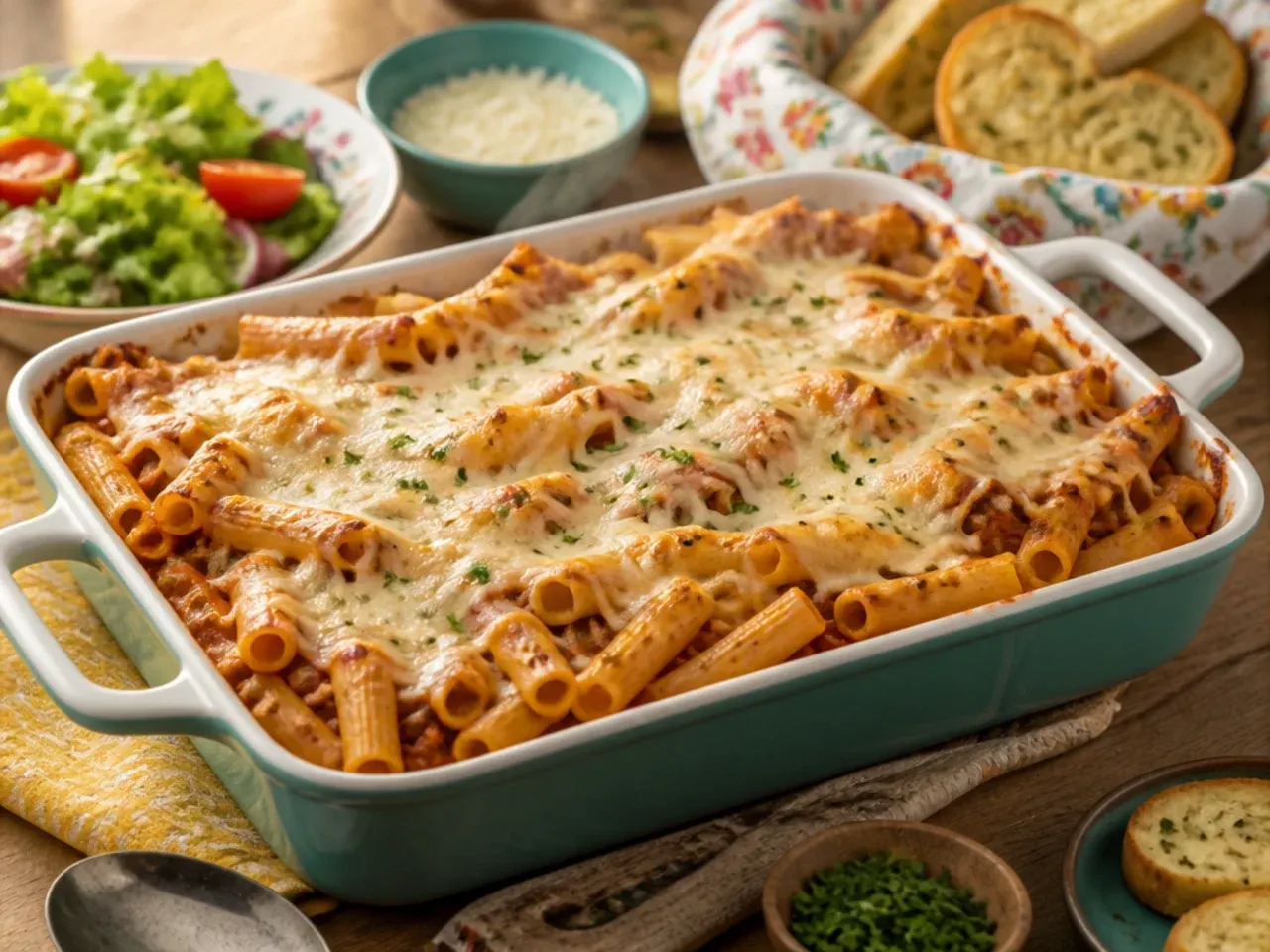 Baked ziti served on a table alongside garlic bread, a green salad, and glasses of red wine