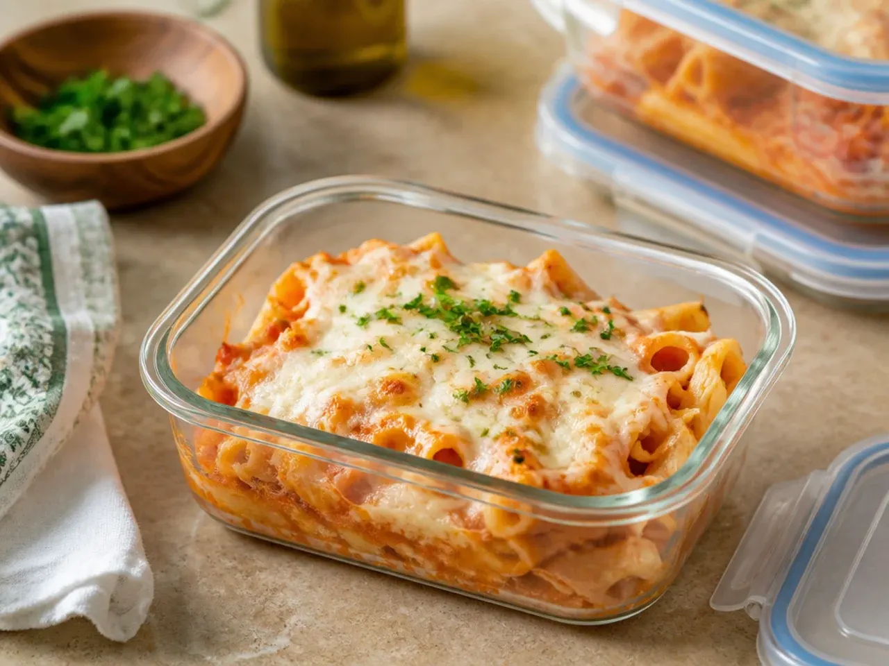 Portion of baked ziti in a glass storage container ready to be refrigerated