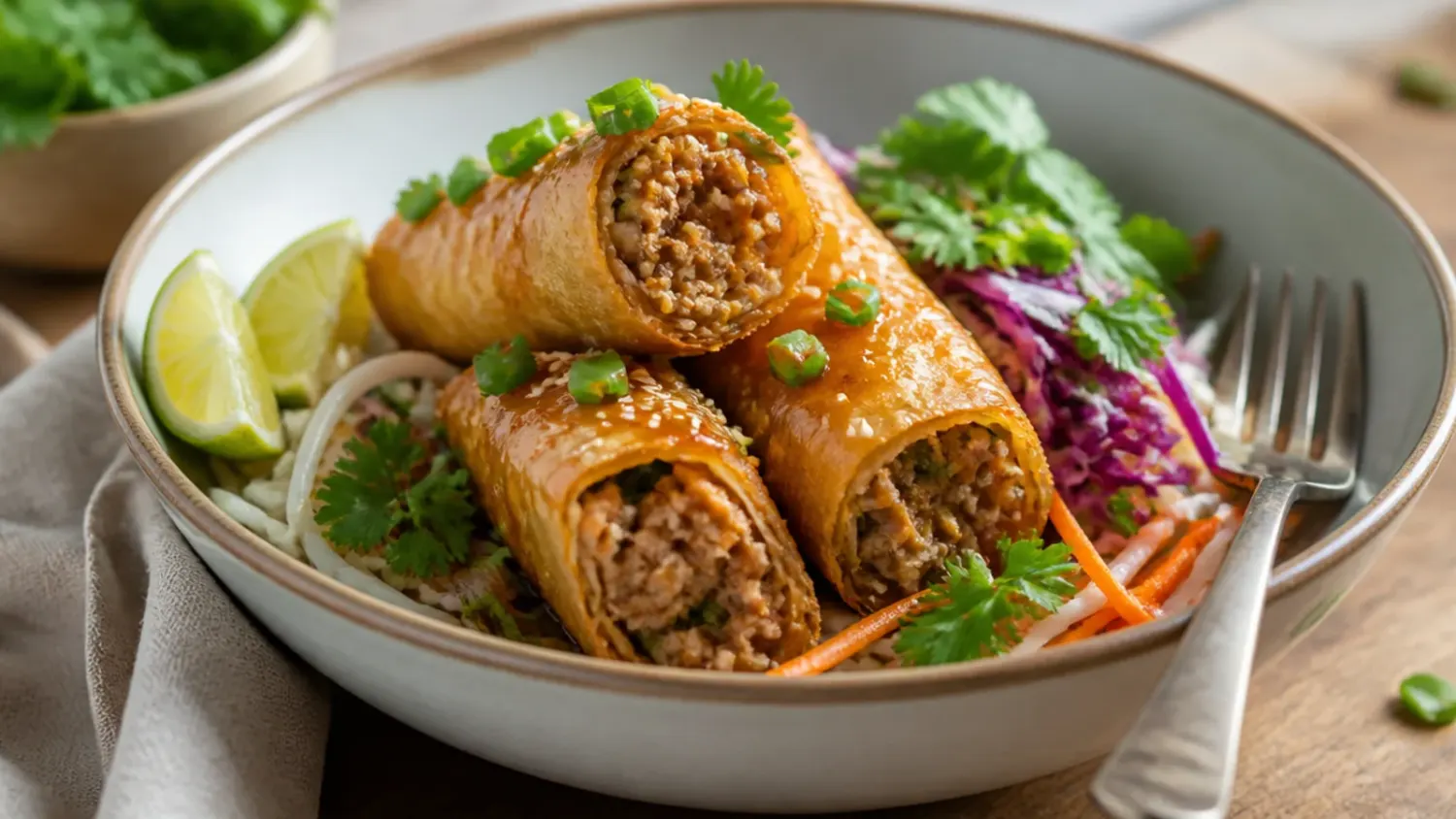 A bowl of pork egg roll in a bowl topped with sesame seeds, spring onions and a drizzle of sriracha