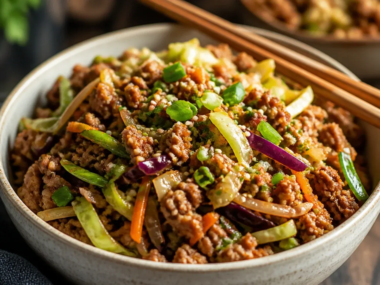 Overhead shot of a skillet filled with ground pork, shredded cabbage and carrots for egg roll in a bowl